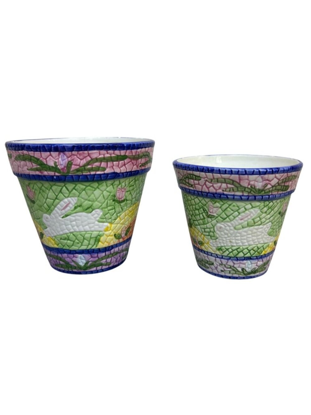 Set of 2 Mosaic Easter Bunny Flower Pots Ceramic Planters Spring Home Décor